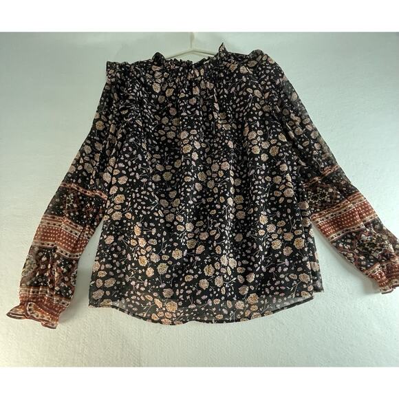Rachel‎ Zoe Floral Chiffon Ruffle Long Sleeves Flowy Boho Peasant Blouse Medium - Picture 1 of 11